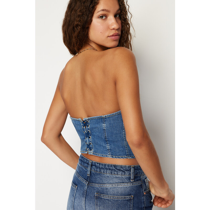 Trendyol Dark Blue Stitch Detail Strapless Denim Bustier