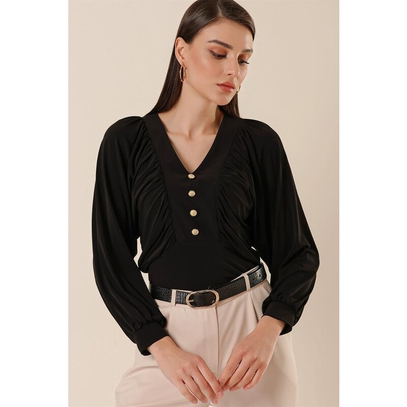 By Saygı V-Neck Lycra Blouse With Bat Sleeves and Button Detail Black