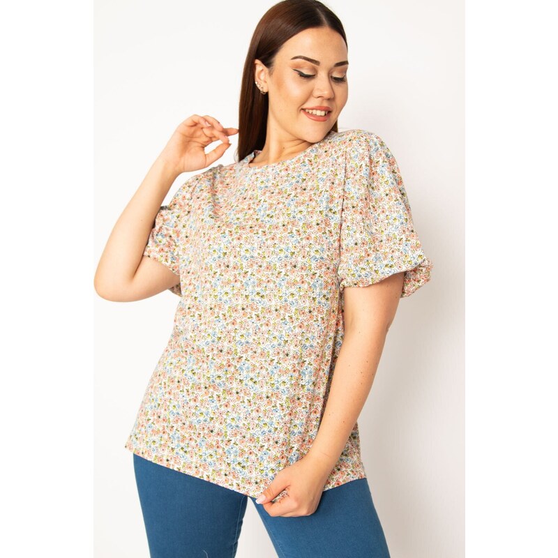 Şans Women's Plus Size Colorful Balloon Sleeve Floral Print Blouse