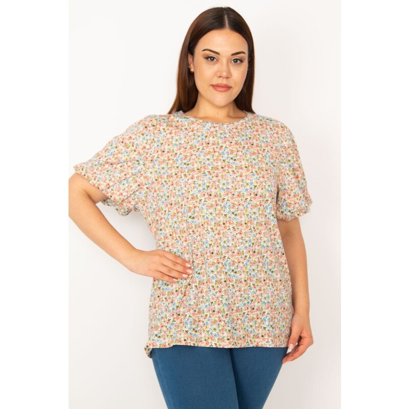 Şans Women's Plus Size Colorful Balloon Sleeve Floral Print Blouse