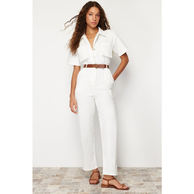 Trendyol White Short Sleeve Belted Denim Jumpsuit