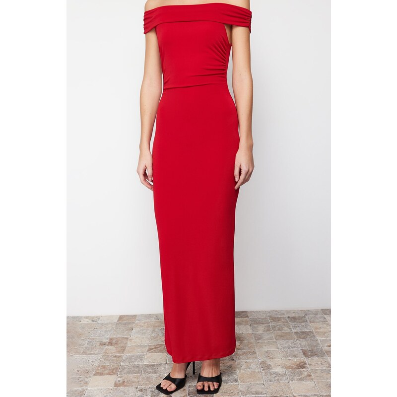 Trendyol Red Maxi Fitted Carmen Collar Flexible Knitted Maxi Dress