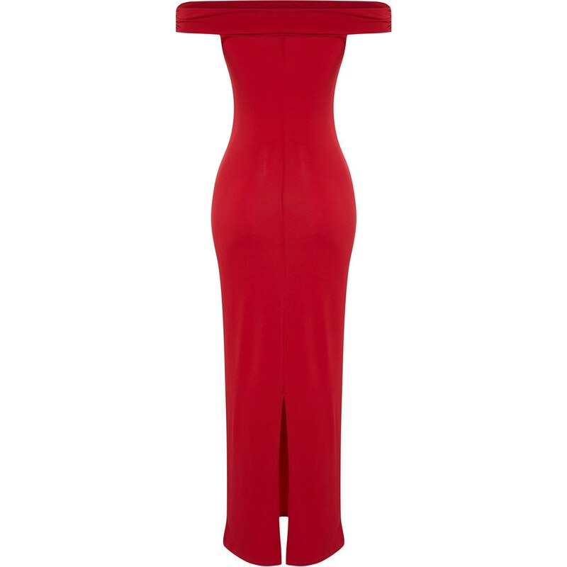 Trendyol Red Maxi Fitted Carmen Collar Flexible Knitted Maxi Dress