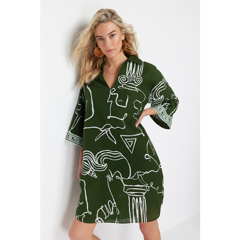 Trendyol Abstract Pattern Wide Fit Midi Woven 100% Cotton Beach Dress