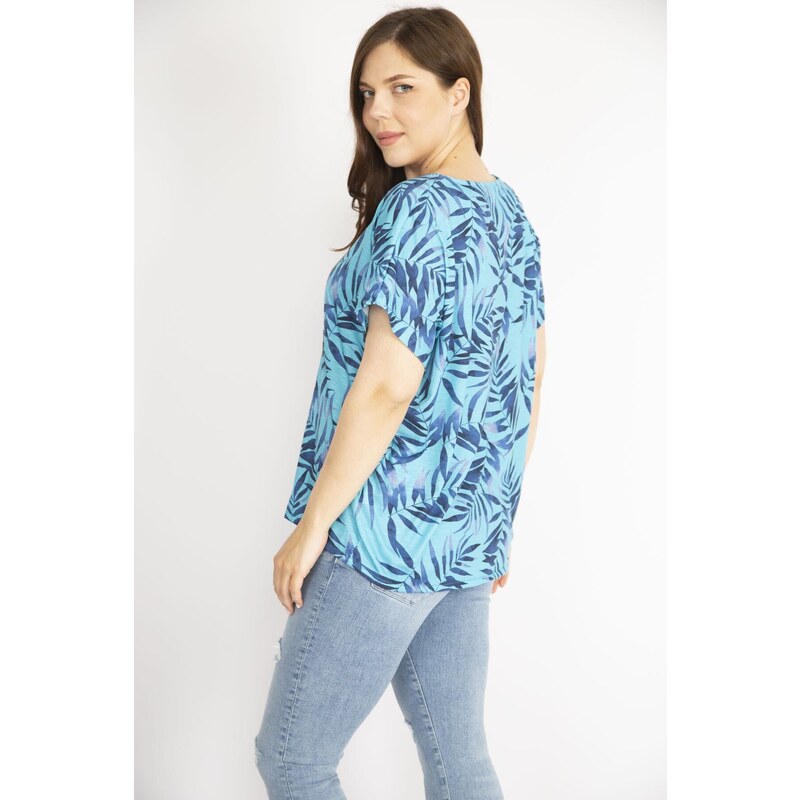 Şans Women's Turquoise Plus Size Stone Detailed Low Sleeve Blouse