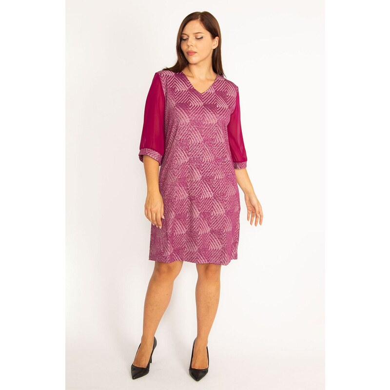 Şans Women's Plus Size Plum Silvery Detailed Sleeves Chiffon Dress