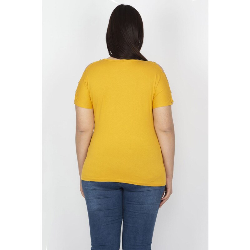 Şans Women's Plus Size Mustard Sleeve Detail Viscose Blouse