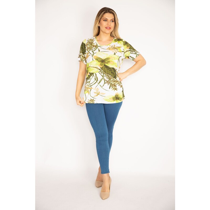 Şans Women's Plus Size Green Cotton Fabric Floral Pattern Blouse