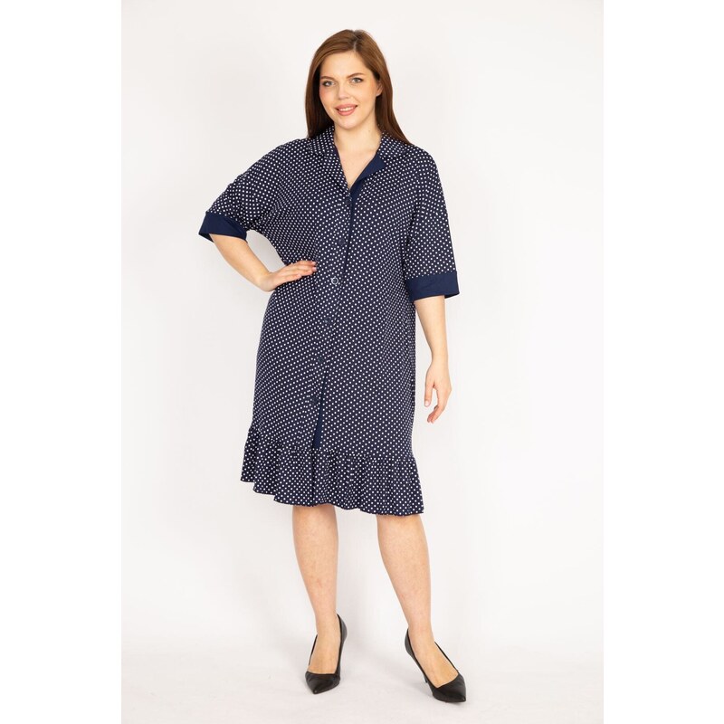 Şans Women's Navy Blue Plus Size Front Buttoned Hem Tiered Point Patterned Dress