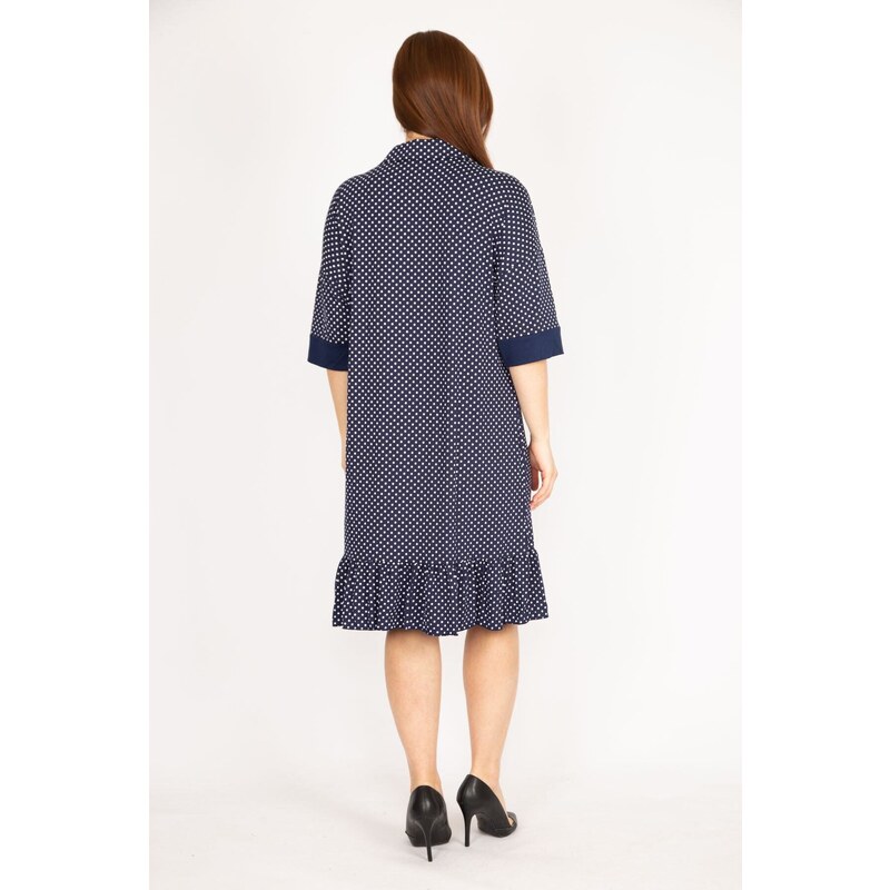 Şans Women's Navy Blue Plus Size Front Buttoned Hem Tiered Point Patterned Dress