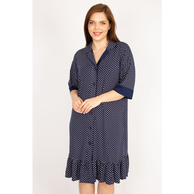 Şans Women's Navy Blue Plus Size Front Buttoned Hem Tiered Point Patterned Dress