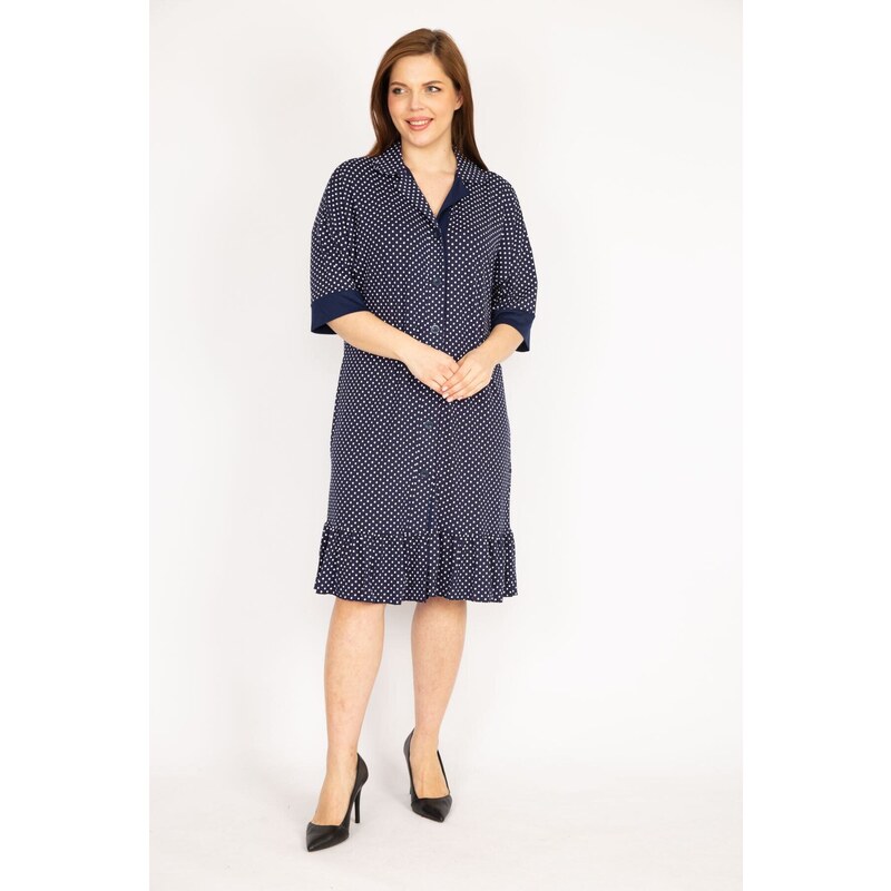 Şans Women's Navy Blue Plus Size Front Buttoned Hem Tiered Point Patterned Dress