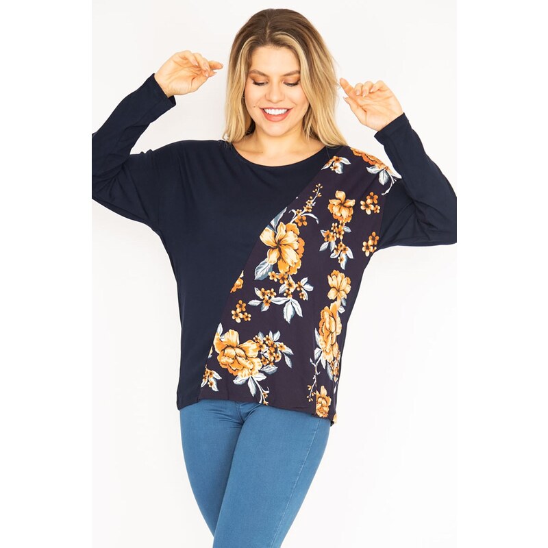 Şans Women's Plus Size Navy Blue Flower Patterned Crewneck Tunic