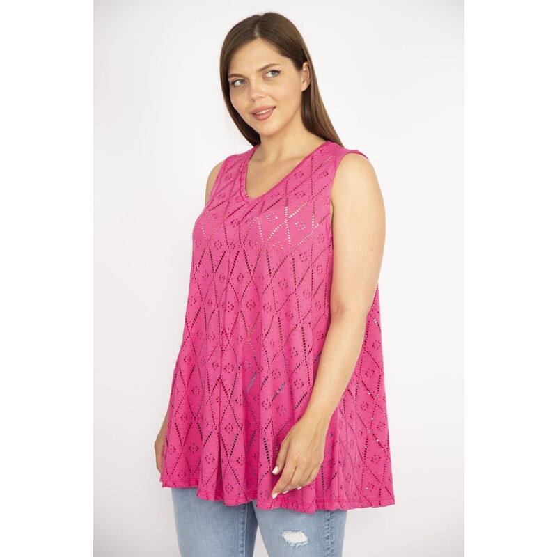 Şans Women's Fujiya Plus Size Hole Mesh Front A Pleated Blouse