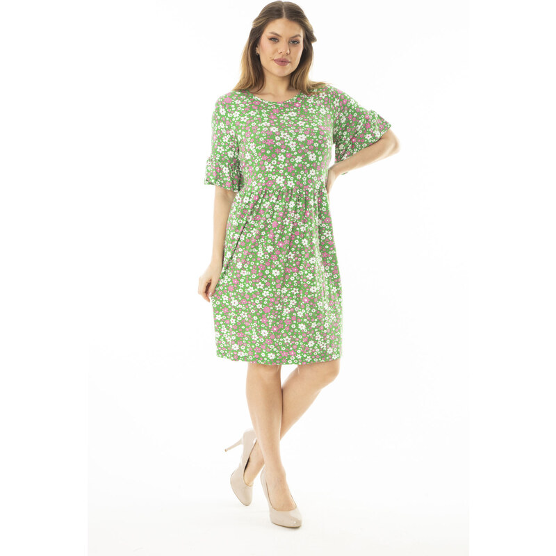 Şans Women's Plus Size Green Floral Pattern Dress with Ruffled Sleeves and Pleats at the Waist