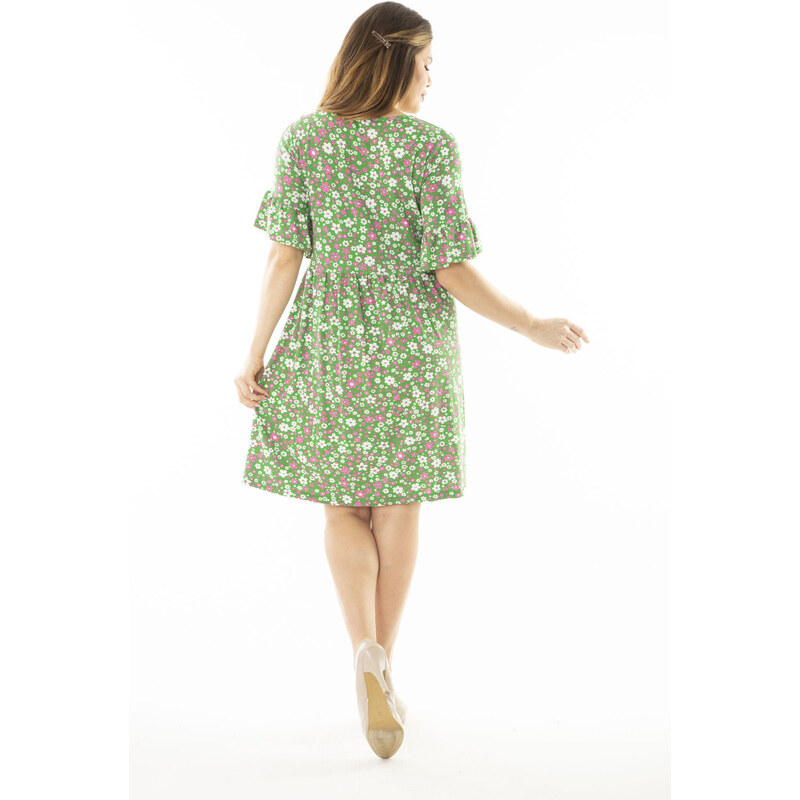 Şans Women's Plus Size Green Floral Pattern Dress with Ruffled Sleeves and Pleats at the Waist