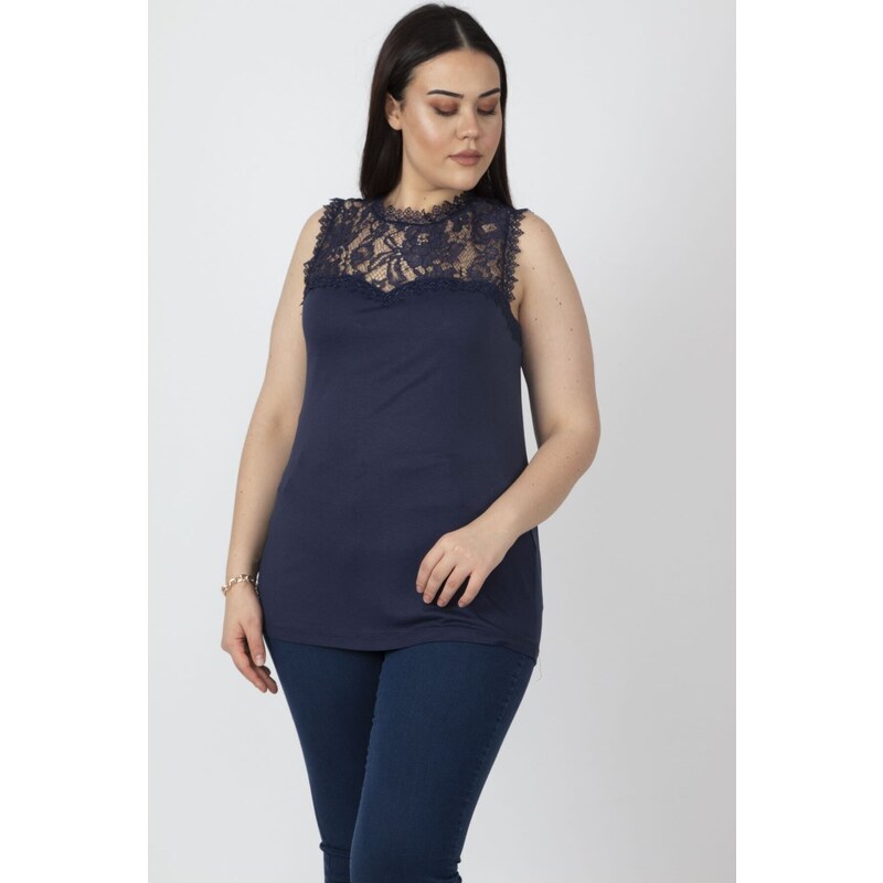 Şans Women's Plus Size Navy Blue Blouse with Decollete and Lace Detail