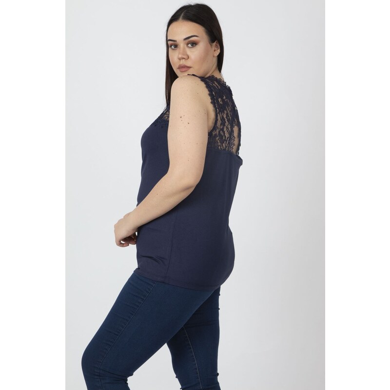 Şans Women's Plus Size Navy Blue Blouse with Decollete and Lace Detail