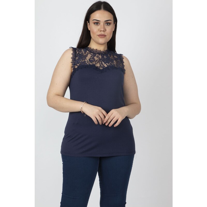 Şans Women's Plus Size Navy Blue Blouse with Decollete and Lace Detail