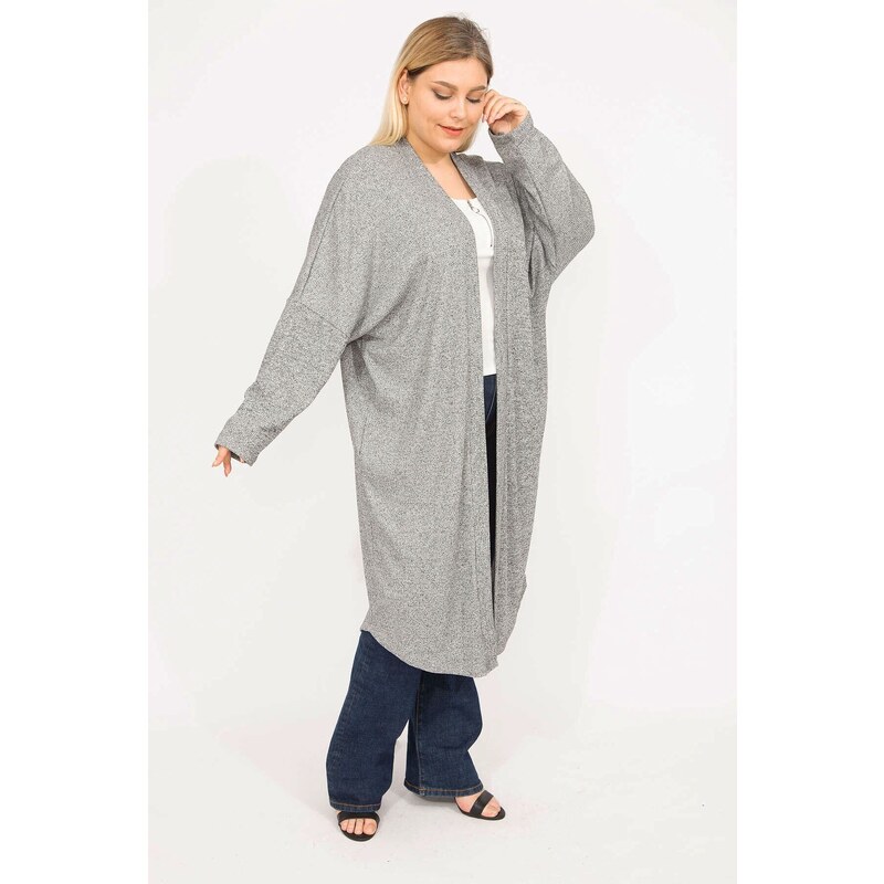 Şans Women's Gray Plus Size Relaxed Fit Self Striped Long Cardigan