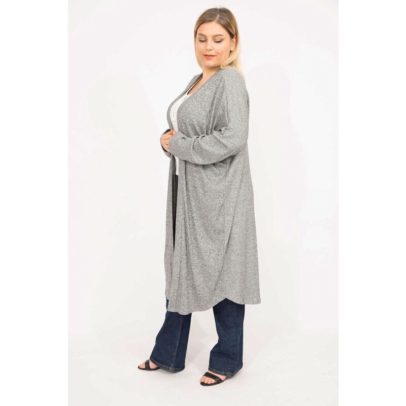 Şans Women's Gray Plus Size Relaxed Fit Self Striped Long Cardigan