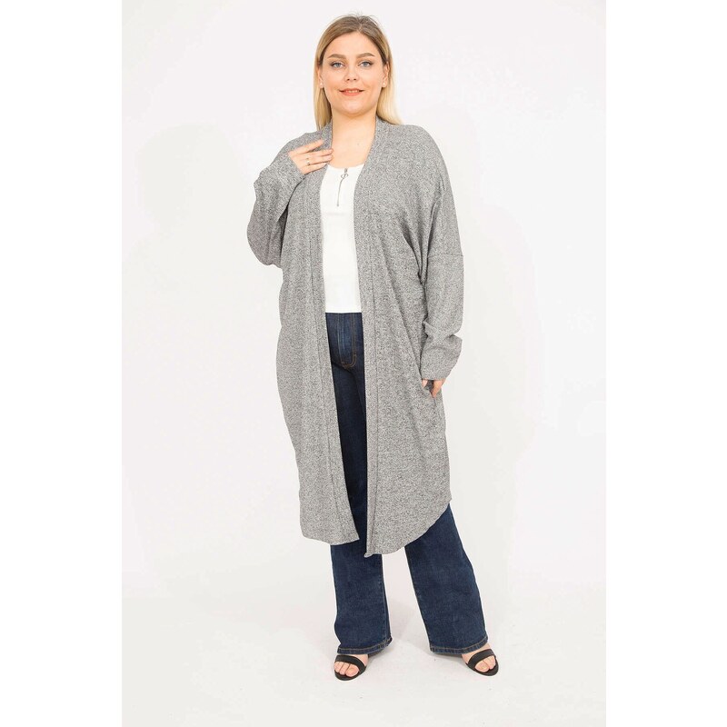 Şans Women's Gray Plus Size Relaxed Fit Self Striped Long Cardigan