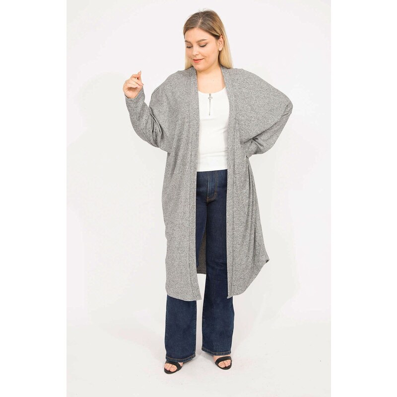 Şans Women's Gray Plus Size Relaxed Fit Self Striped Long Cardigan