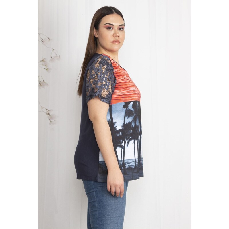 Şans Women's Plus Size Navy Blue Patterned Blouse with Lace Detail on the Sleeves
