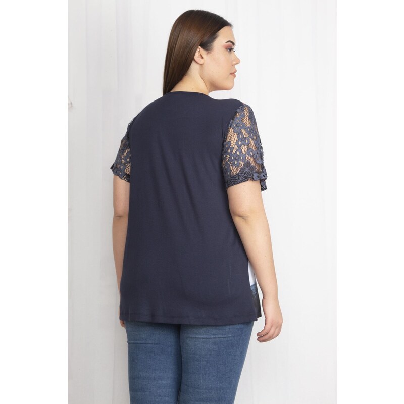 Şans Women's Plus Size Navy Blue Patterned Blouse with Lace Detail on the Sleeves