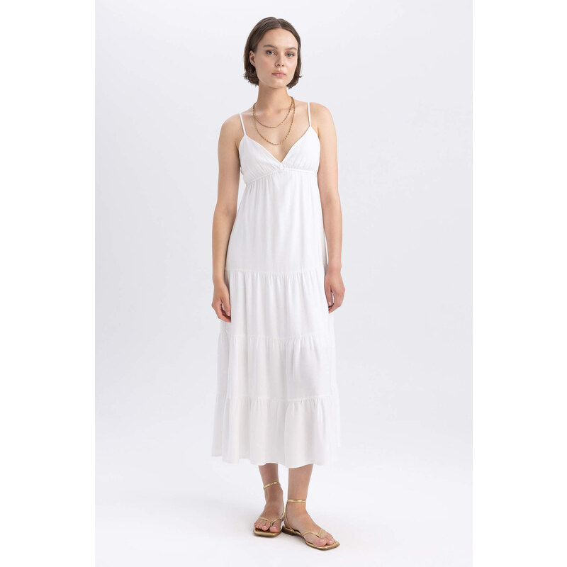 DEFACTO V-Neck linen Maxi Short Sleeve Woven Dress