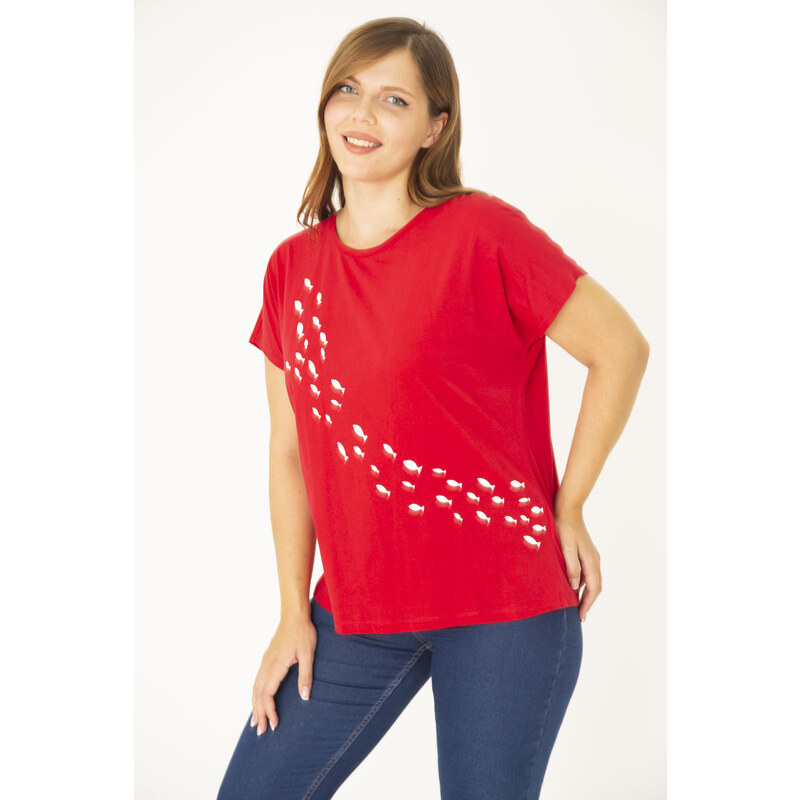 Şans Women's Plus Size Red Cotton Fabric Front Patterned Blouse