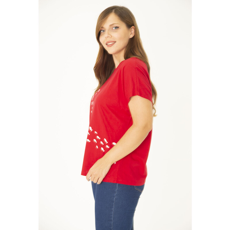 Şans Women's Plus Size Red Cotton Fabric Front Patterned Blouse