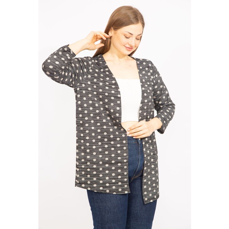 Şans Women's Smoked Plus Size Points Patterned Viscose Cardigan with Adjustable Sleeves