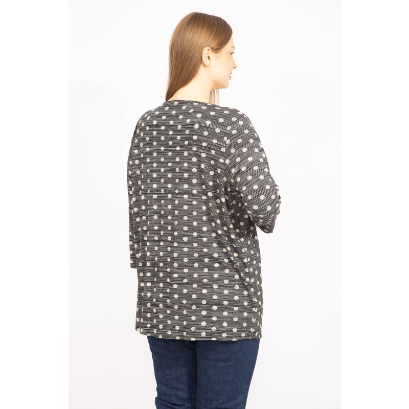 Şans Women's Smoked Plus Size Points Patterned Viscose Cardigan with Adjustable Sleeves