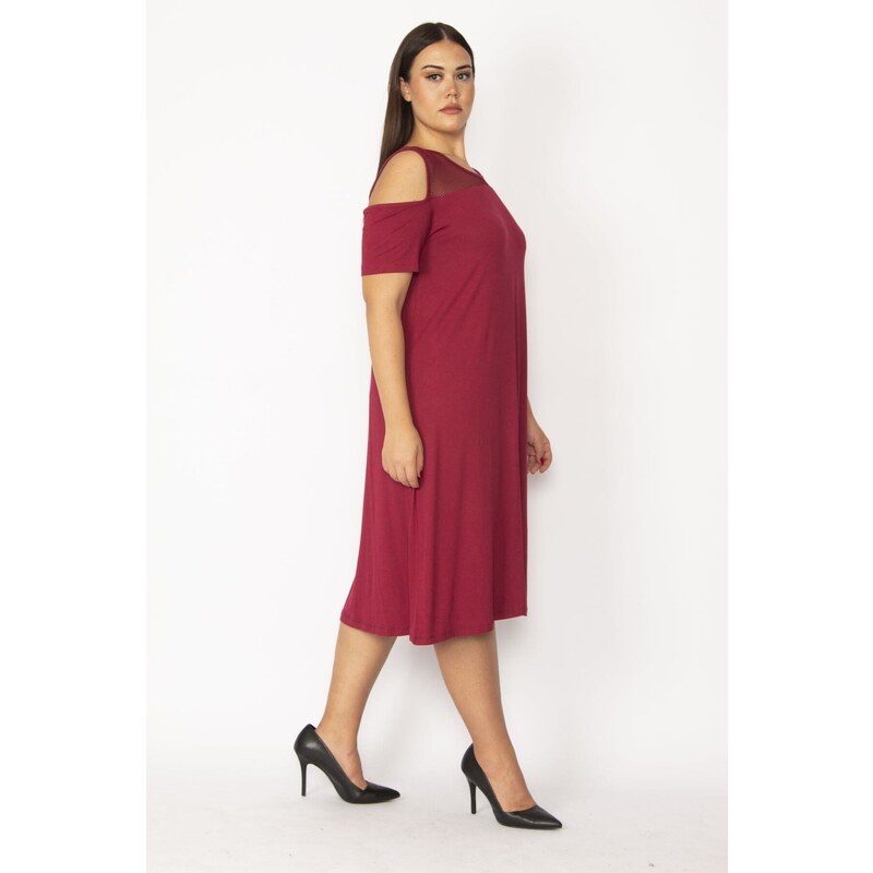 Şans Women's Plus Size Claret Red Burgundy Dress With Low-Collection And Pockets Mesh Detail Viscose