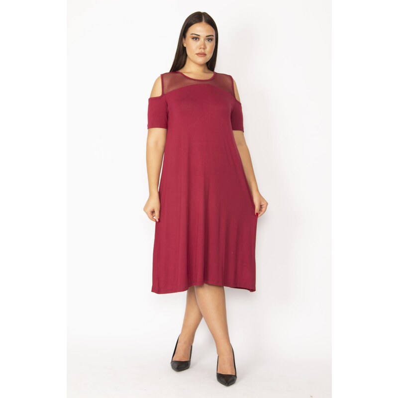 Şans Women's Plus Size Claret Red Burgundy Dress With Low-Collection And Pockets Mesh Detail Viscose