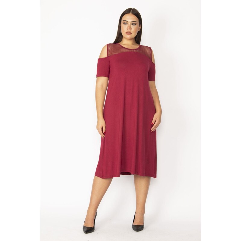 Şans Women's Plus Size Claret Red Burgundy Dress With Low-Collection And Pockets Mesh Detail Viscose