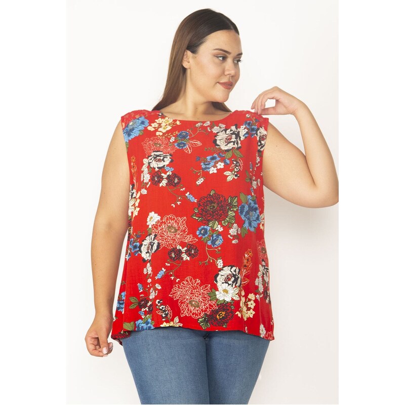 Şans Women's Plus Size Red Burgundy Viscose Blouse With Lace Detailed Back And Shoulder