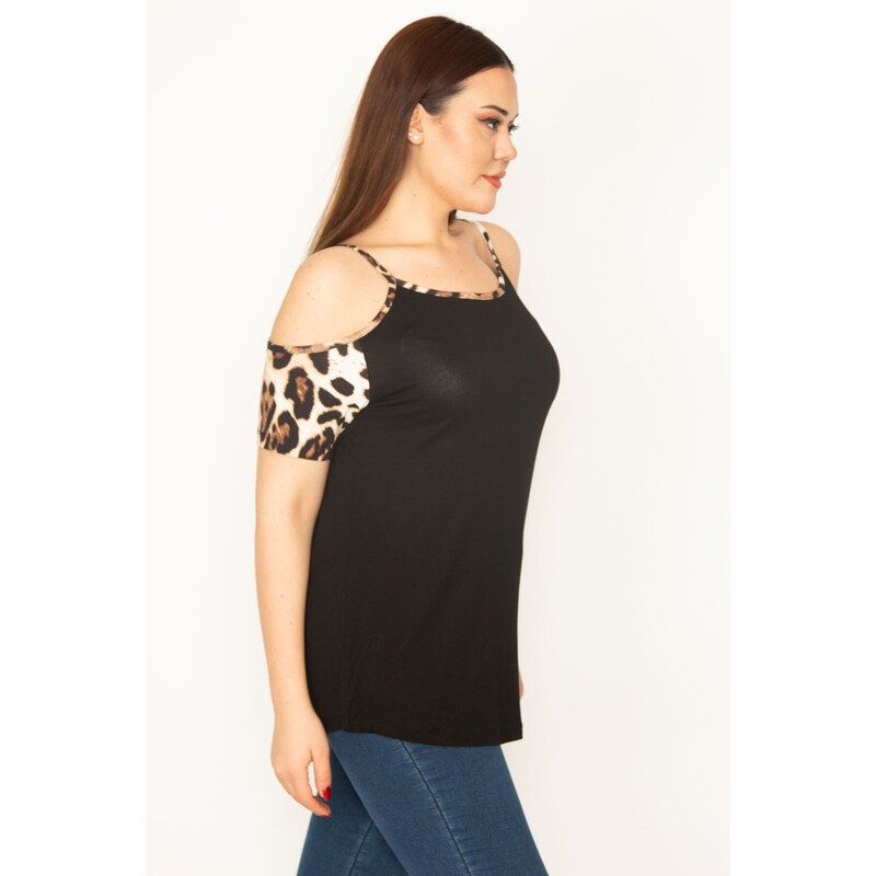 Şans Women's Plus Size Brown Leopard Garnish Strappy Blouse