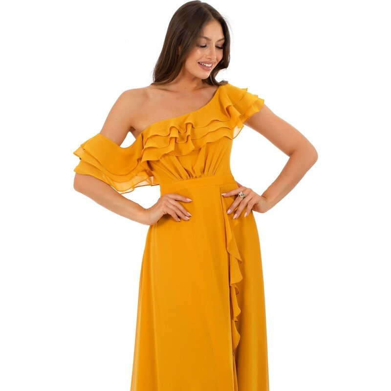 Carmen Saffron Chiffon Off Shoulder Flounce Slit Evening Dress