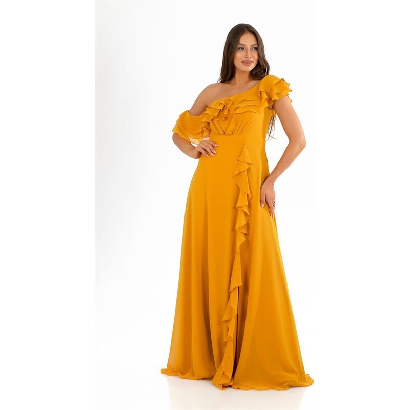 Carmen Saffron Chiffon Off Shoulder Flounce Slit Evening Dress