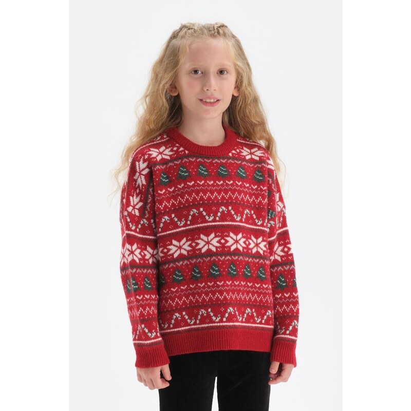 Dagi Girls Red Christmas Themed Oversize Knitwear Sweater