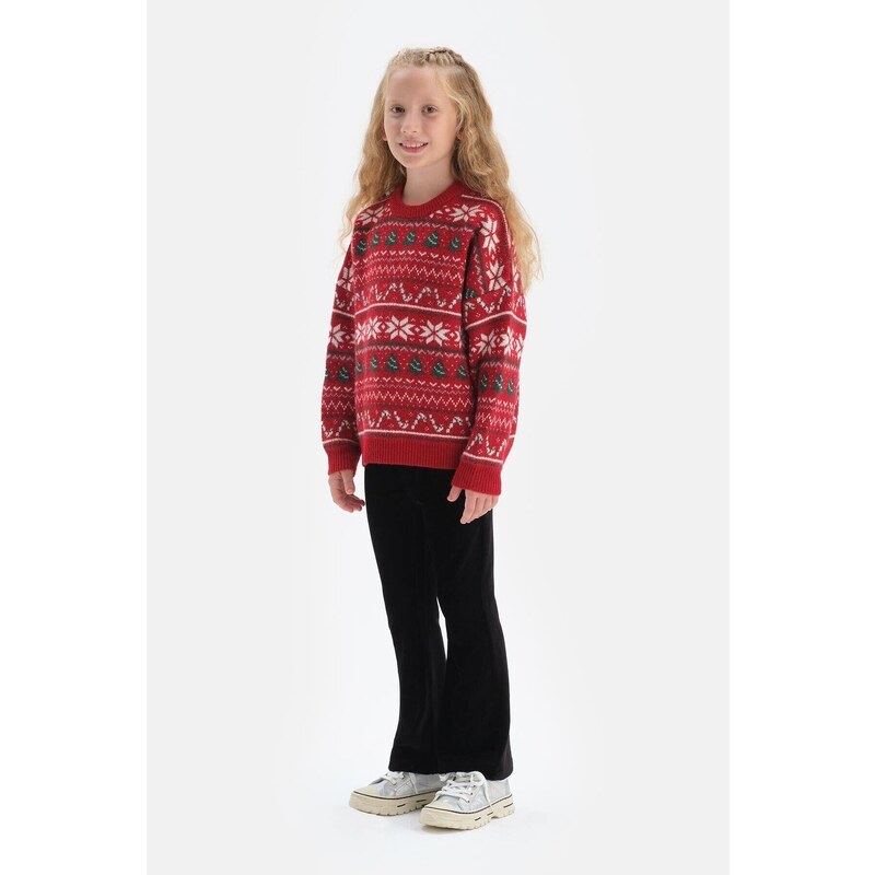 Dagi Girls Red Christmas Themed Oversize Knitwear Sweater