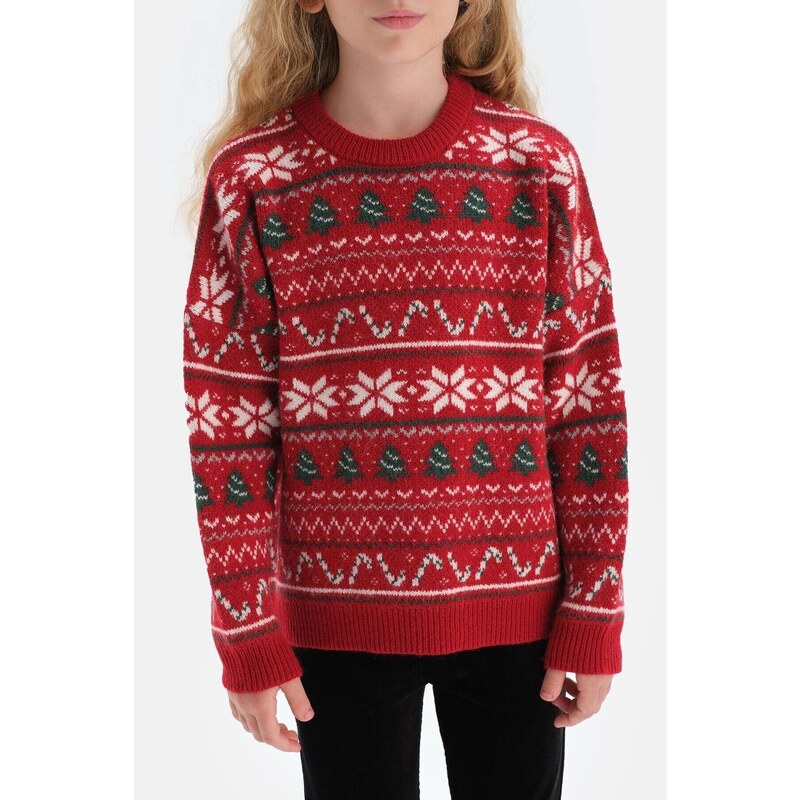 Dagi Girls Red Christmas Themed Oversize Knitwear Sweater