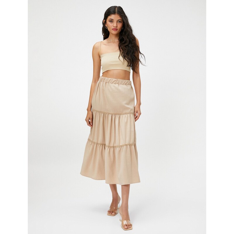 Koton Midi Skirt Layered Ribbon Scallop Detail Elastic Waist