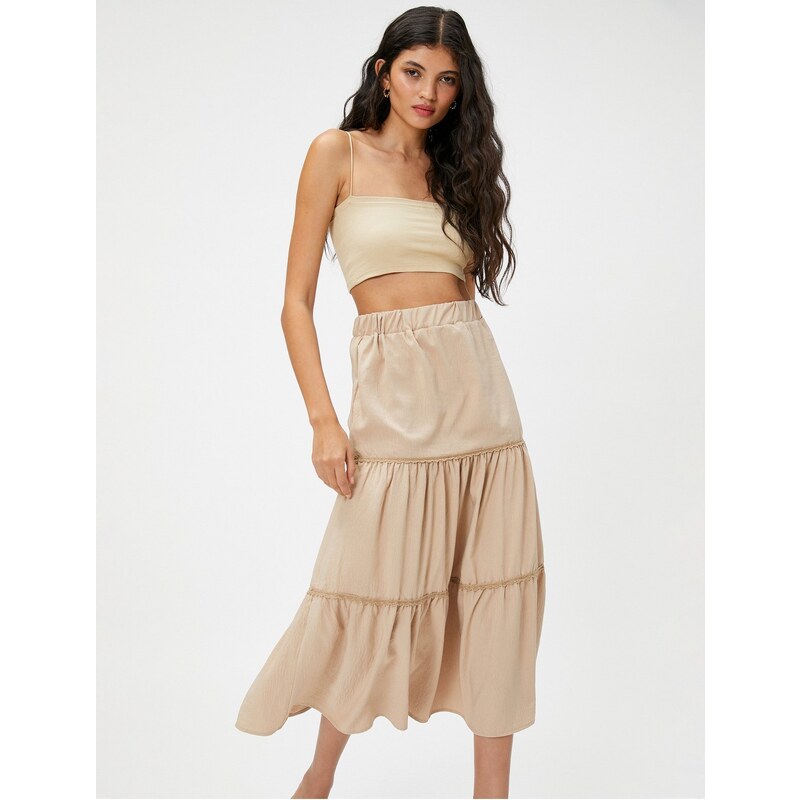 Koton Midi Skirt Layered Ribbon Scallop Detail Elastic Waist