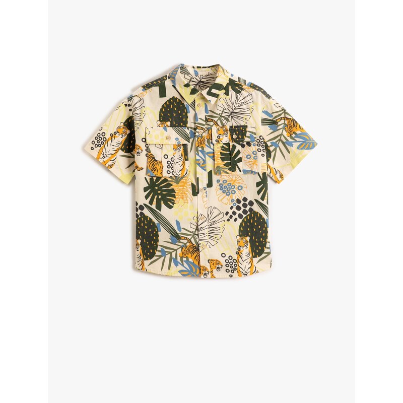 Koton Safari Shirt with Short Sleeves, Capped Pockets, Tiger Print Cotton