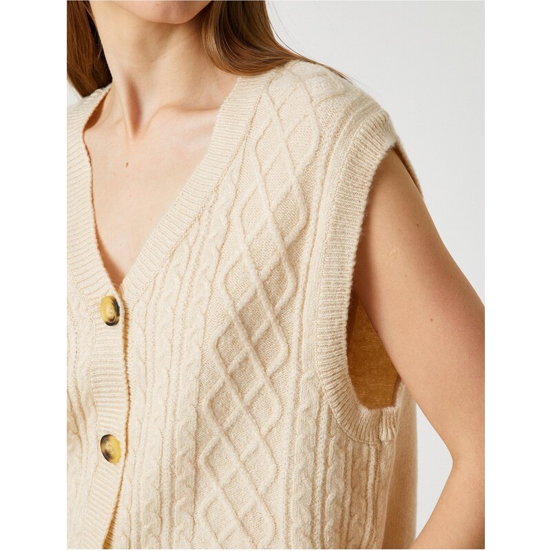 Koton Crop Cardigan Sleeveless with Buttons V-Neck In Braid Patterned