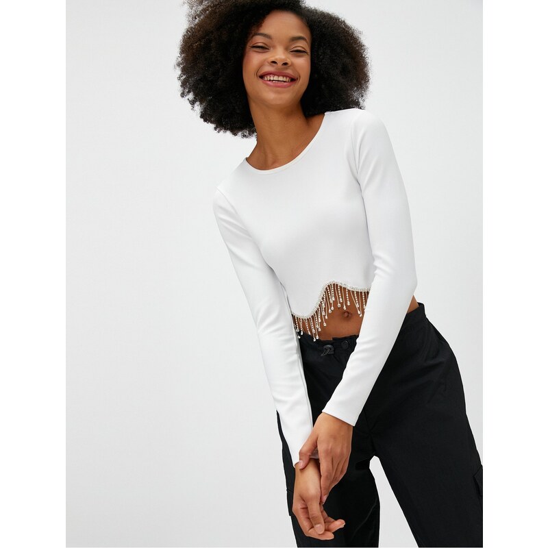 Koton Crop T-Shirt Long Sleeve Dangle Stone Detailed Ribbed