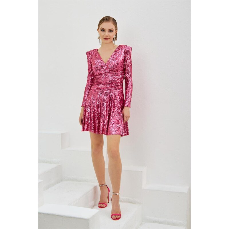 Carmen Fuchsia Sequined Long Sleeve Short Evening Dress